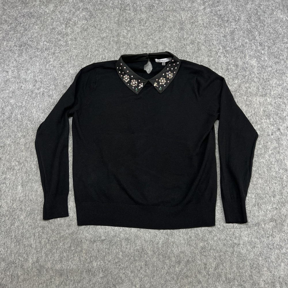 Siani Sweater Womens XL Black Beaded Rhinestone Collar Knit Pullover Embellished